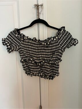 Moon River Black & White Gingham Smocked Off-Shoulder Crop Top